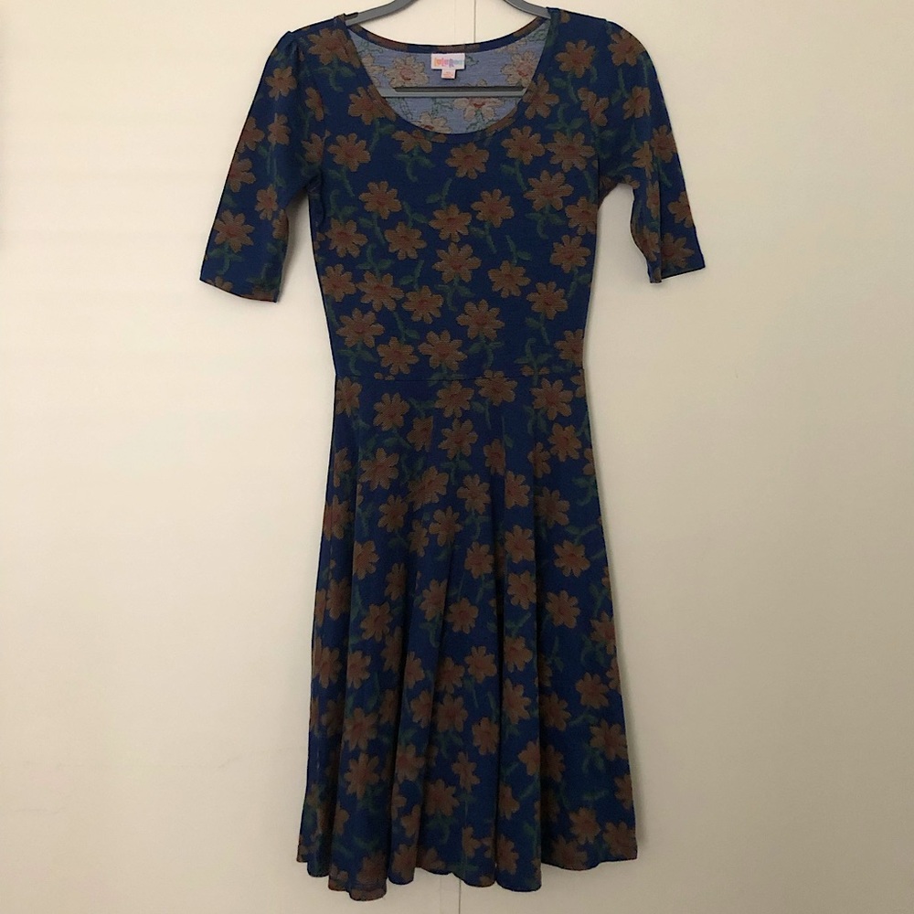Lularoe Nicole Dress Blue Yellow Floral XS